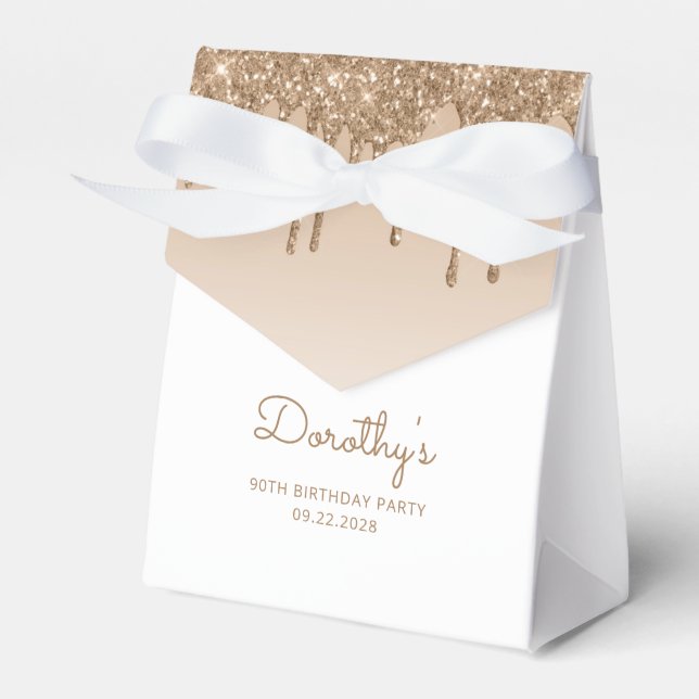 90th Birthday Elegant Gold Glitter Drip Script Favor Box (Front Side)