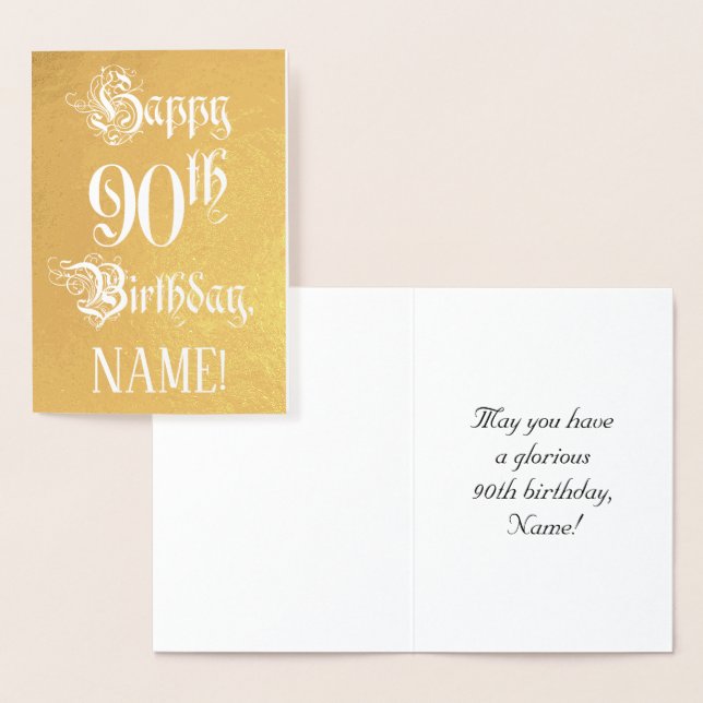90th Birthday: Elegant, Ornate Script; Custom Name Foil Card (Display)