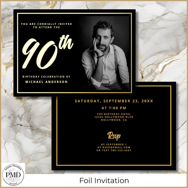 90th Birthday Elegant Photo Black Gold (90th Birthday Elegant Photo Black with Gold Foil Invitation with Date, Time, Location, RSVP on Back.)