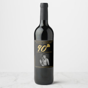 90th Birthday Elegant Photo Black Gold Wine Label