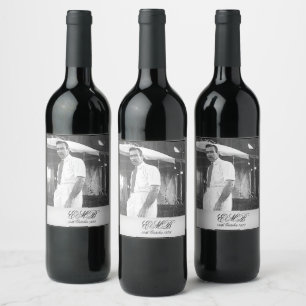 90th Birthday Elegant Photo Monogram Black White Wine Label