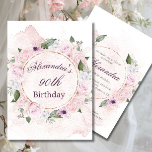 90th Birthday Elegant Pink Roses  Invitation
