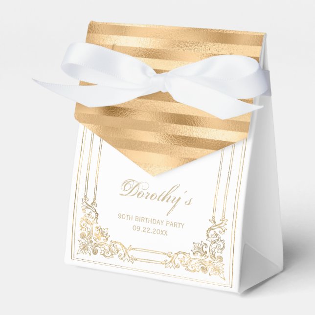 90th Birthday Elegant White Gold Framed Script Favor Box (Front Side)