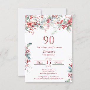 90th Birthday Elegant Winter Berry Botanical Invitation