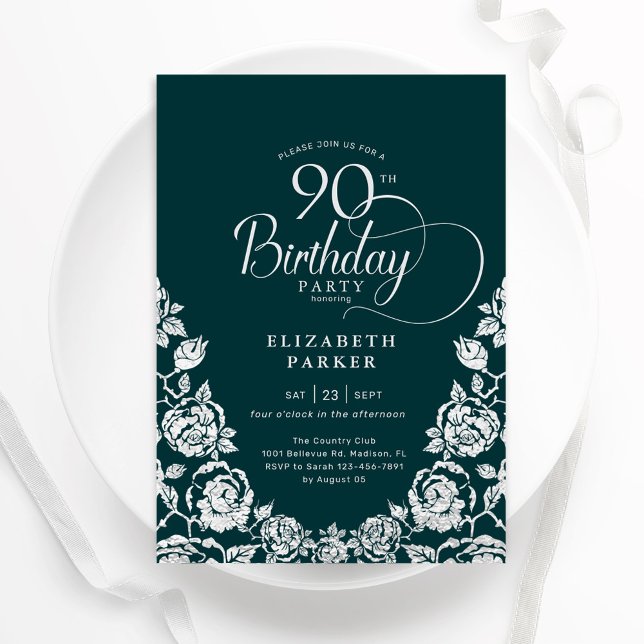 90th Birthday Emerald Green Silver Roses Invitation (Creator Uploaded)