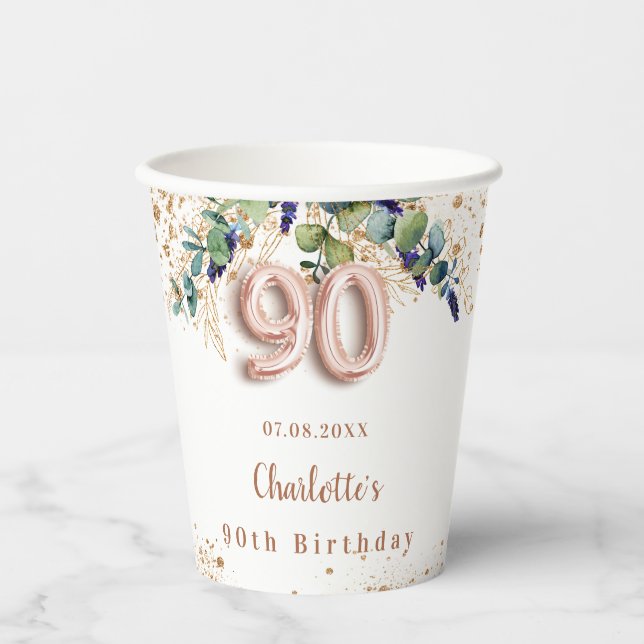 90th birthday eucalyptus greenery glitter name paper cups (Front)