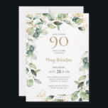 90th Birthday Eucalyptus Invitation<br><div class="desc">This exquisite, watercolor eucalyptus with gold leaf embellishments and gold splattered dots 90th birthday party invitation is perfect for celebrating your wife, mom, sister, aunt, friend, grandmother, great grandmother. It's soft flowy design is modern yet traditional. Select Personalize this template to make it uniquely your own. In seconds you will...</div>