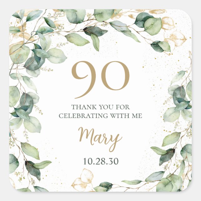 90th Birthday Eucalyptus Thank You Square Sticker (Front)