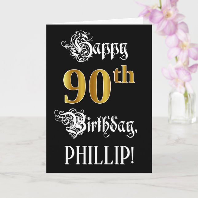 90th Birthday — Fancy Script; Faux Gold Look; Name Card (Orchid)