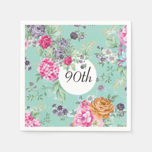 90th Birthday Floral Birthday Blue Napkin