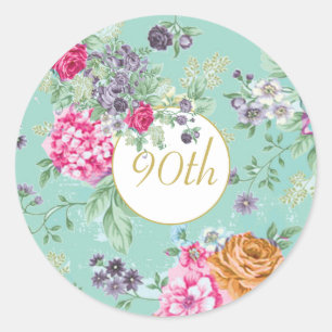 90th Birthday Floral Birthday Green Gold Classic Round Sticker