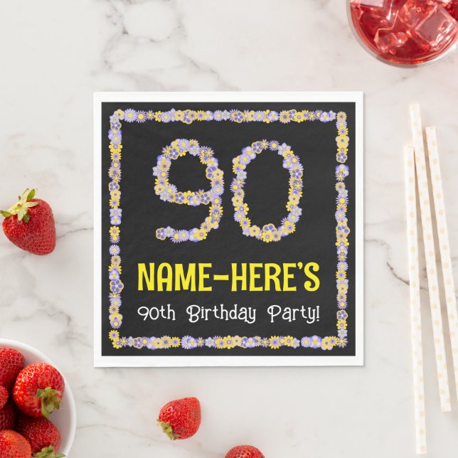 90th Birthday: Floral Flowers Number, Custom Name Napkin (Insitu)