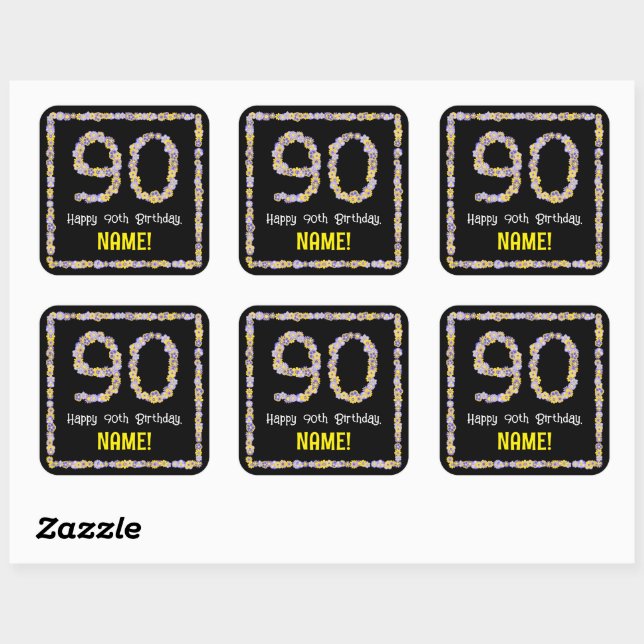 90th Birthday: Floral Flowers Number, Custom Name Square Sticker (Sheet)