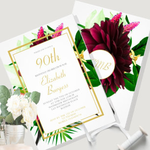 90TH Birthday Floral Gold White Elegant Birthday Invitation