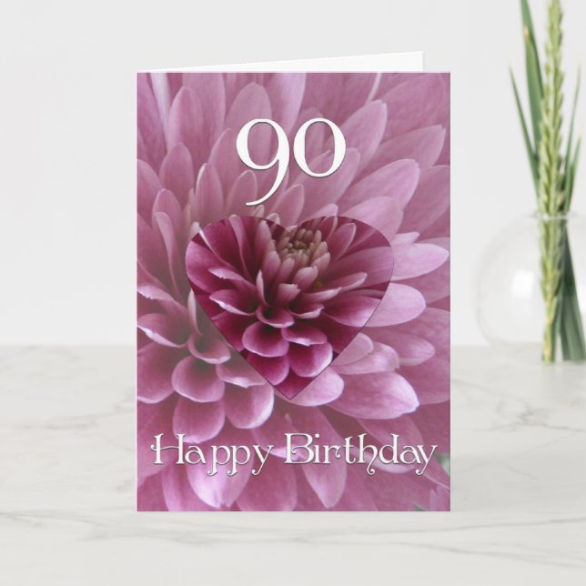 90th Birthday-Floral Heart+Chrysanthemum Card (Front)