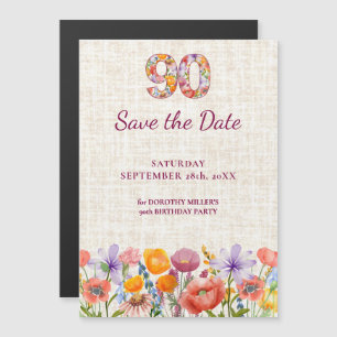 90th Birthday - Floral Number 90 Save the Date Magnetic Invitation