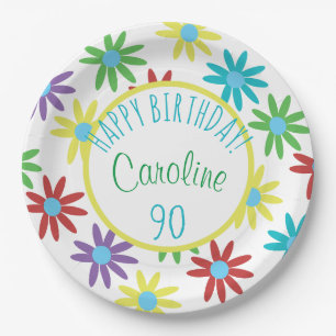 90th Birthday Floral Personalized Paper Plate