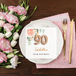 90th birthday floral rose gold eucalyptus monogram napkin<br><div class="desc">For an elegant and feminine 90th birthday birthday party. A chic white background. Decorated with a rose gold and blush pink watercolored rose flower, floral, green eucalyptus leaves, sprigs, greenery and faux gold sprigs. Personalize and a name. Black and golden letters. The name is written with a modern hand lettered...</div>
