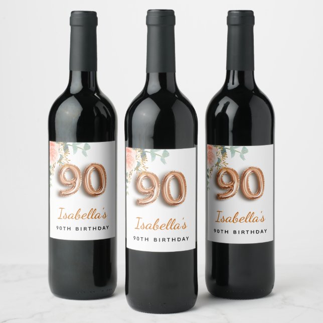 90th birthday floral rose gold eucalyptus monogram wine label (Bottles)