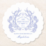 90th Birthday French Blue Floral Crest Custom Paper Coaster<br><div class="desc">An elegant French vintage blue floral crest takes centre stage on this timeless custom paper coaster. Ornate,  formal and very feminine will make any birthday lady feel very special. Coordinating party supplies are available.</div>