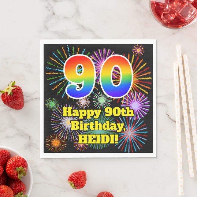 90th Birthday: Fun Fireworks Pattern + Rainbow 90 Napkin (Insitu)
