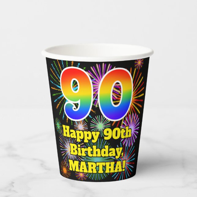 90th Birthday: Fun Fireworks Pattern + Rainbow 90 Paper Cups (Front)