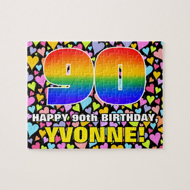 90th Birthday — Fun, Loving Heart Shapes + “90” Jigsaw Puzzle (Horizontal)