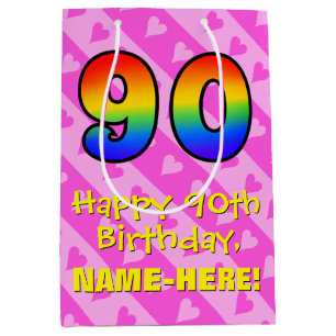 90th Birthday: Fun Pink Hearts Stripes; Rainbow 90 Medium Gift Bag