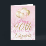 90th Birthday Glitter Pink Balloon Card<br><div class="desc">A gorgeous blush pink and glitter balloon happy birthday card. This feminine design is the perfect way to wish someone a happy 90th birthday (or any age!) Personalize with our own custom name and message. Pink and gold coloured typography on a bubble effect girly background. This would be perfect for...</div>