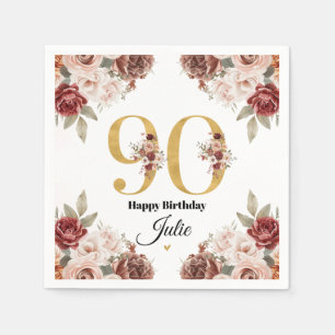 90th Birthday Gold and Burgundy Floral Personalize Napkin