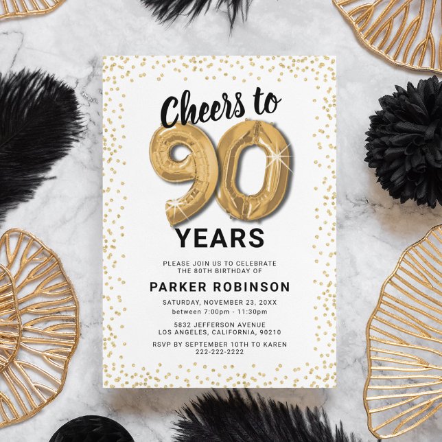 90th Birthday Gold Balloons Invitation (Creator Uploaded)