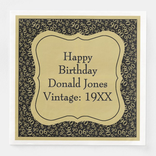 90th Birthday Gold/Black Bracket Number Pattern Napkin (Front)