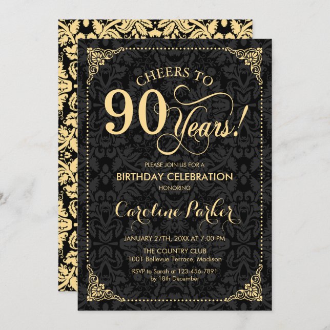 90th Birthday - Gold Black Damask Invitation (Front/Back)