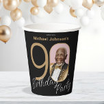 90th Birthday Gold Black Elegant Custom Photo  Paper Cups<br><div class="desc">90th Birthday Gold Black Elegant Custom Photo Paper Cups. Elevate your milestone celebration with an invitation design that epitomizes understated elegance and chic minimalism. Our black and gold theme exudes sophistication, creating a refined atmosphere for your special day. The custom photo feature adds a personalized touch, ensuring that each invitation...</div>
