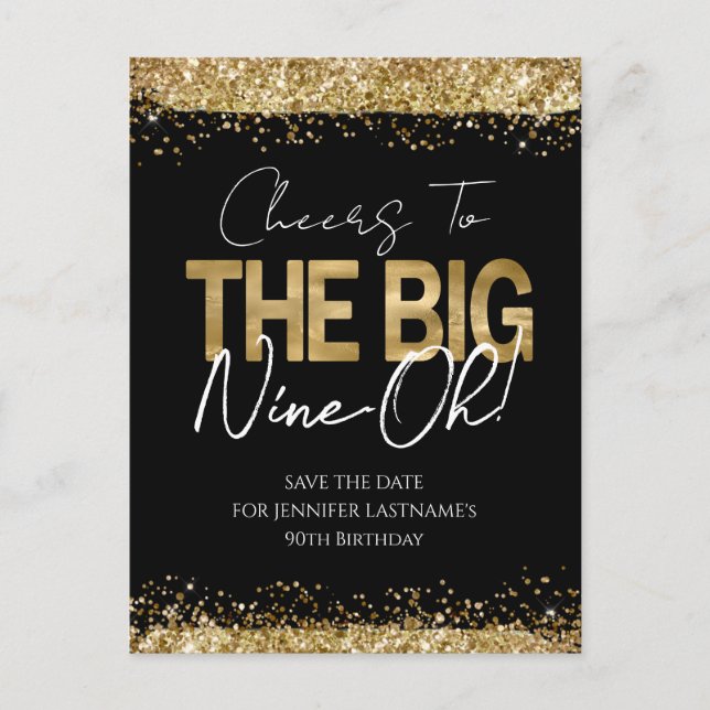 90th Birthday Gold Black Enregistrer la date Carte (Devant)