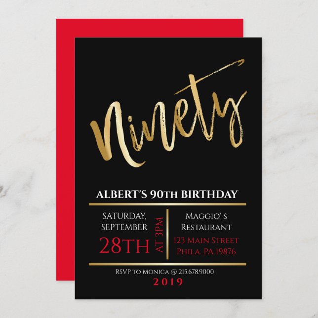 90th Birthday Gold Black Party Invitation (Front/Back)