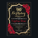 90th Birthday - Gold Black Red Roses Invitation<br><div class="desc">90th birthday celebration invitation.
Elegant black design with faux glitter gold and red roses.
Perfect for an elegant birthday party. Can be customized into any age.</div>