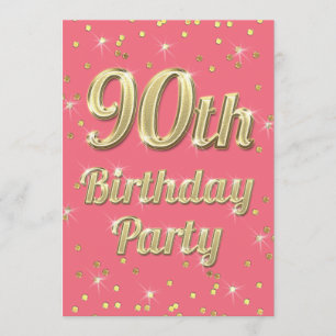 90th Birthday Gold Bling Typography Confetti Pink Invitation
