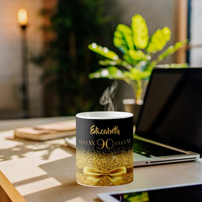 90th birthday gold bow black name age coffee mug (Creator Uploaded)