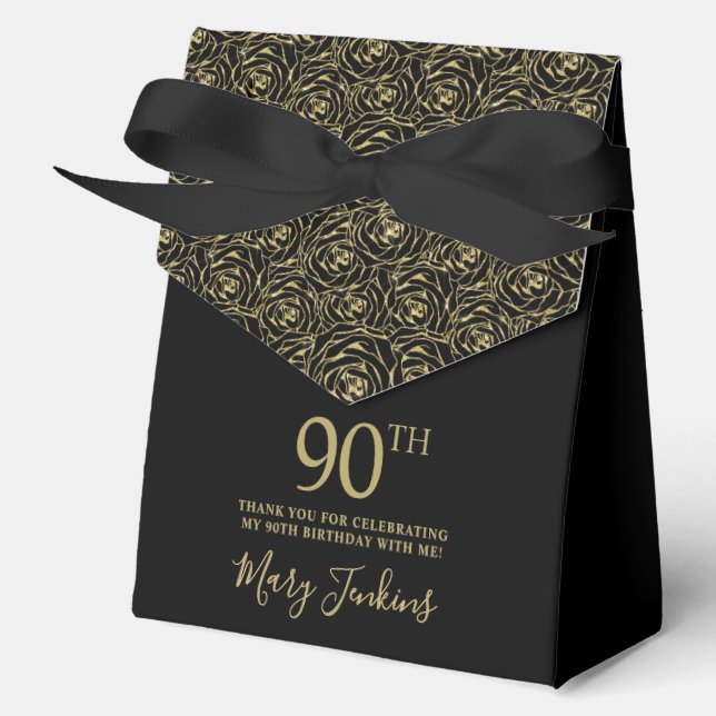 90th Birthday Gold Glitter Roses Thank You  Favor Box (Front)