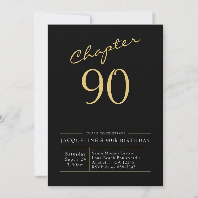 90th Birthday Gold Modern Script Black Invitation (Front)