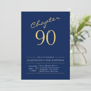 90th Birthday Gold Modern Script Blue Invitation