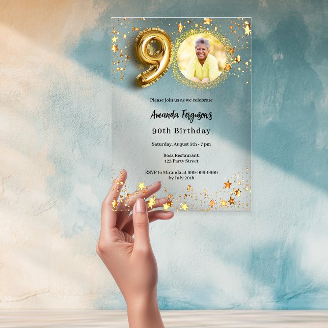 90th birthday gold photo stars clear acrylic invitations (Creator Uploaded)