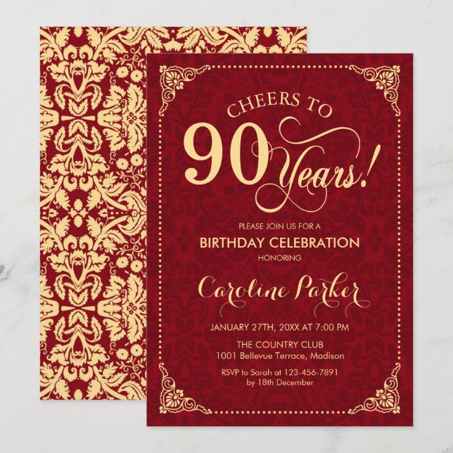 90th Birthday - Gold Red Damask Invitation (Front/Back)