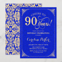 90th Birthday - Gold Royal Blue Damask