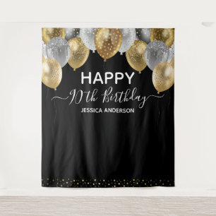90th Birthday Gold Silver Black Balloons Tapestry