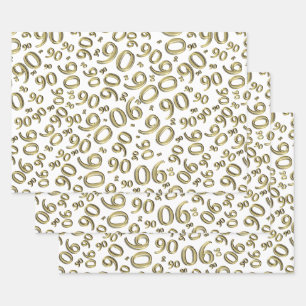 90th Birthday Gold & White Random Number Pattern Wrapping Paper Sheet