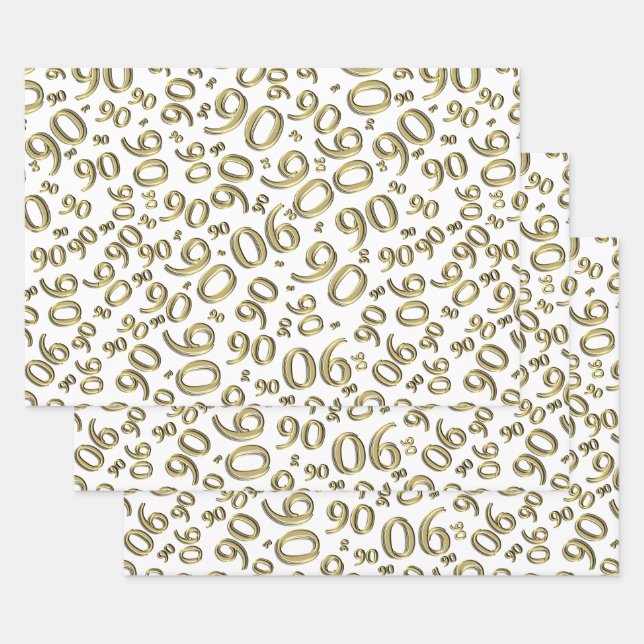 90th Birthday Gold & White Random Number Pattern Wrapping Paper Sheet (Set)
