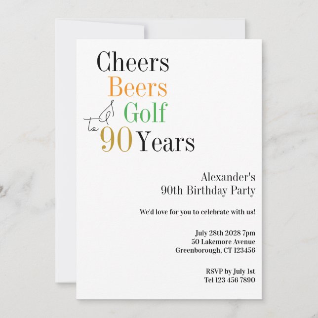 90th Birthday Golf Cheers Beers Minimal Party Invitation (Front)