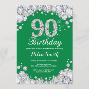 90th Birthday Green and Silver Diamond Invitation